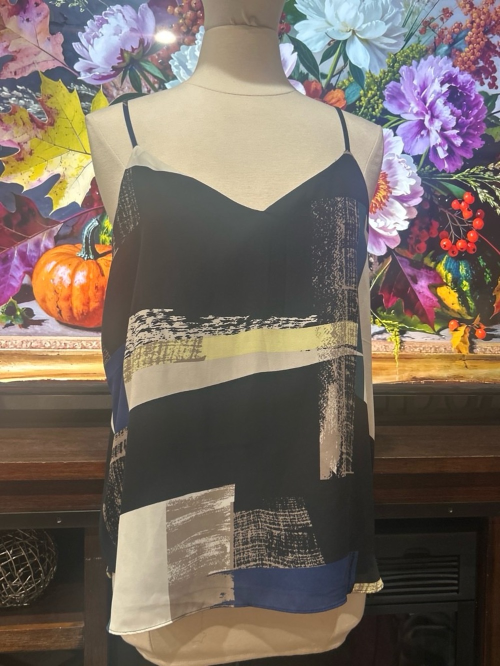 Philosophy Black Abstract Brushstroke V-Neck Cami with Neutral Accents